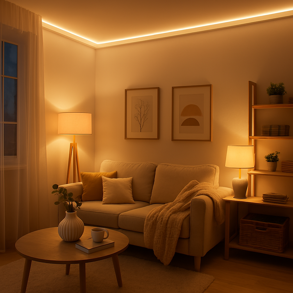 A cozy living room is softly illuminated by warm lighting, featuring a neutral-toned sofa with cushions, a coffee table adorned with a plant and books, and a lamp casting a gentle glow. Art pieces add character, while shelves hold thoughtful decorations.