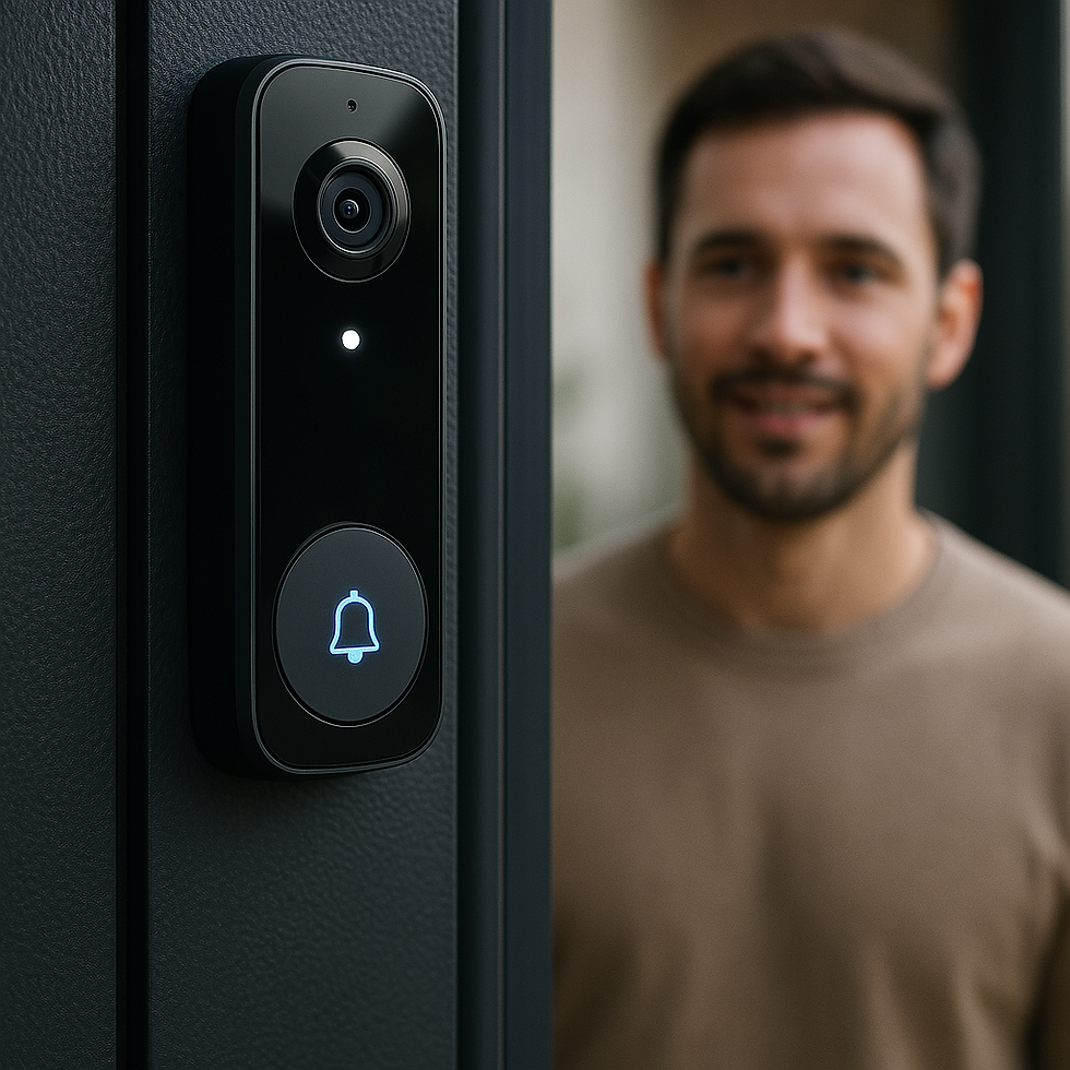 A smart doorbell camera with a sleek design detects a visitor approaching, showcasing advanced home security technology.