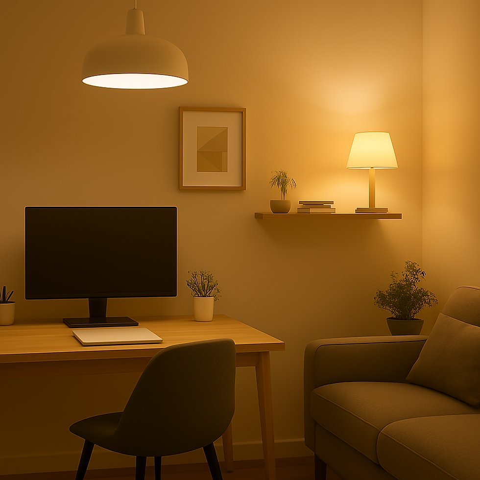 A cozy and minimalist workspace features a neatly arranged desk with a monitor and notebook. Warm lighting from the pendant light and table lamp casts a soft glow, enhancing the room's tranquil atmosphere. A shelf above holds a small plant and books, complementing the serene setting with simple decor.