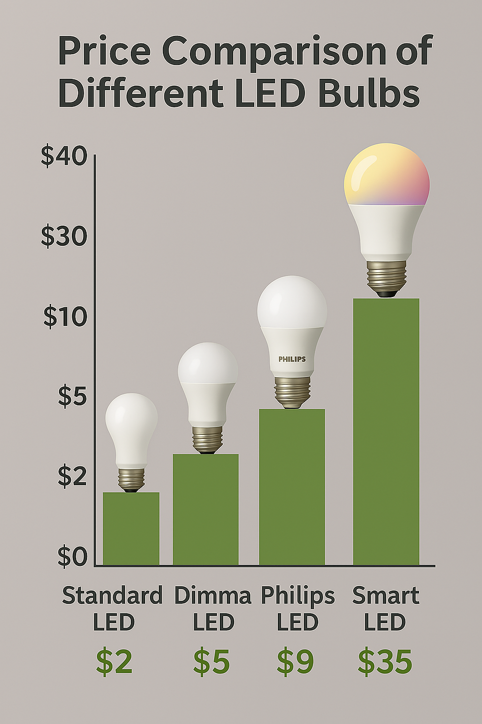 Comparison of LED bulb prices highlights a range from the economical Standard LED at $2 to the high-tech Smart LED at $35, with Dimma and Philips options priced in between.