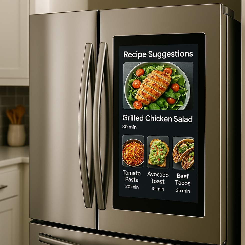 Smart refrigerator with a touchscreen display offers easy recipe suggestions for a quick and delicious meal, featuring options like Grilled Chicken Salad, Tomato Pasta, Avocado Toast, and Beef Tacos.