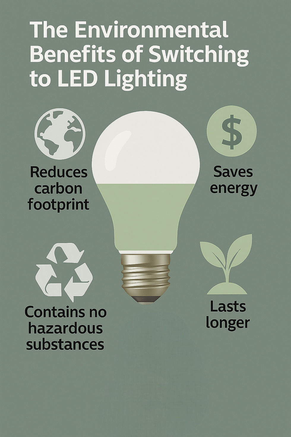 Switching to LED lighting offers significant environmental benefits: reduces carbon footprint, saves energy, contains no hazardous substances, and lasts longer.
