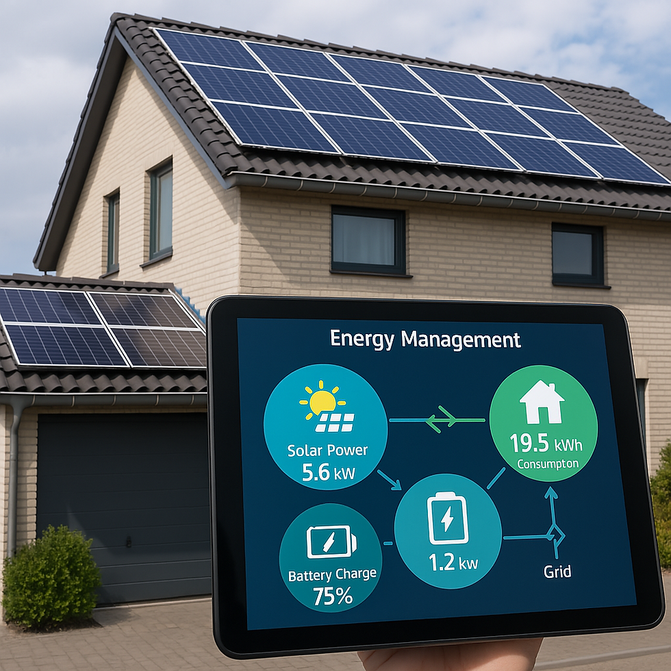 A modern home equipped with solar panels and an energy management system, displaying real-time data on solar power generation, battery charge, and energy consumption on a handheld device.