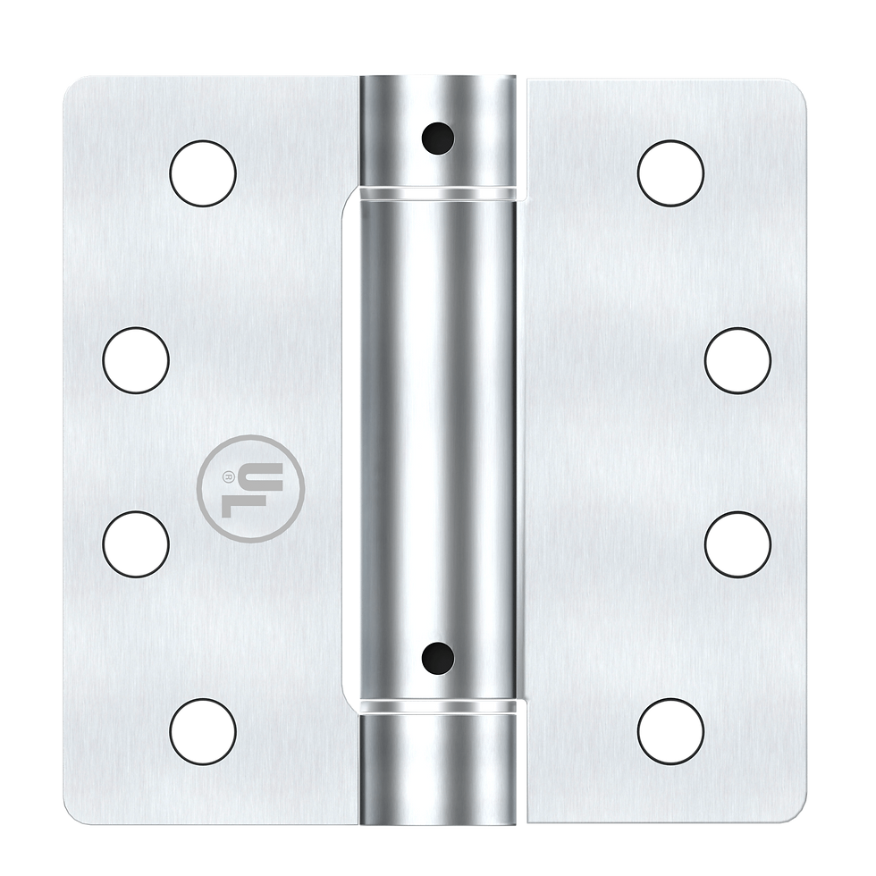 Thumbnail: 4" x 4" adjustable spring hinge in satin chrome, 1/4" radius corners – SP4400