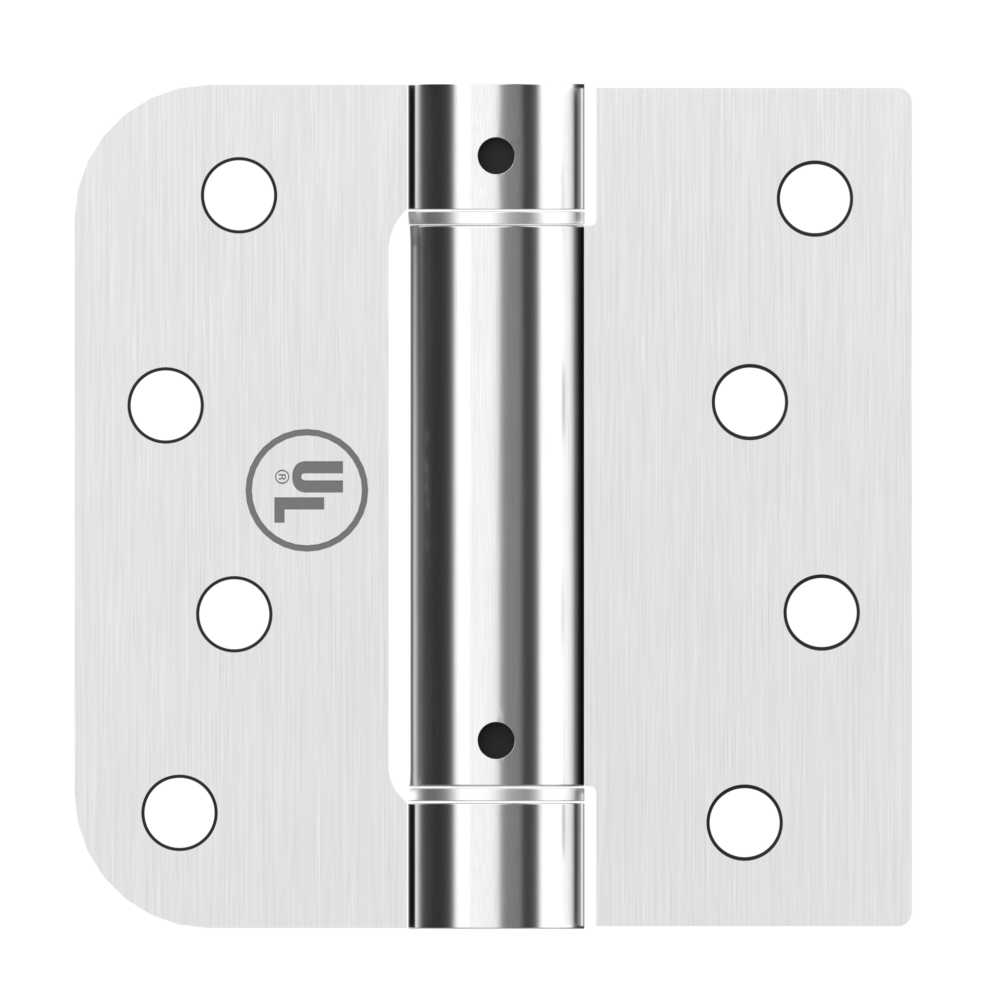Left-hand 4" x 4" residential spring hinge in satin stainless steel, one side 5/8" radius – SP4407