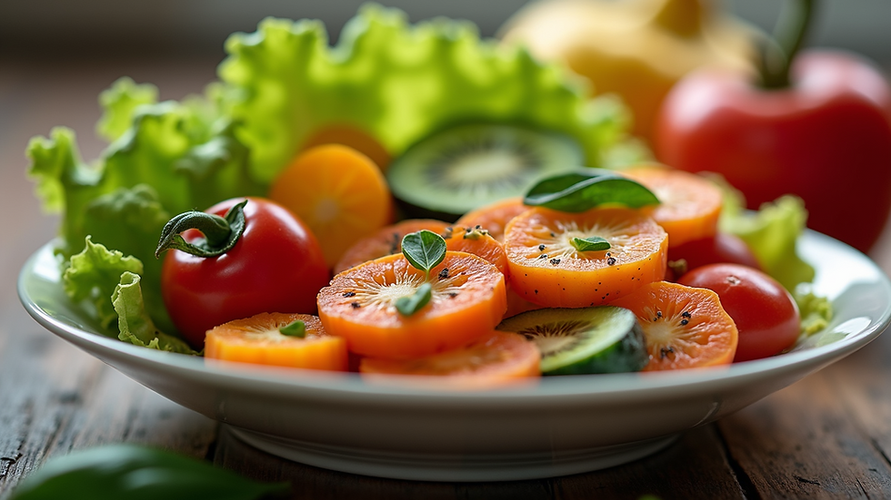 Close-up view of a healthy meal with colorful fruits and vegetables
