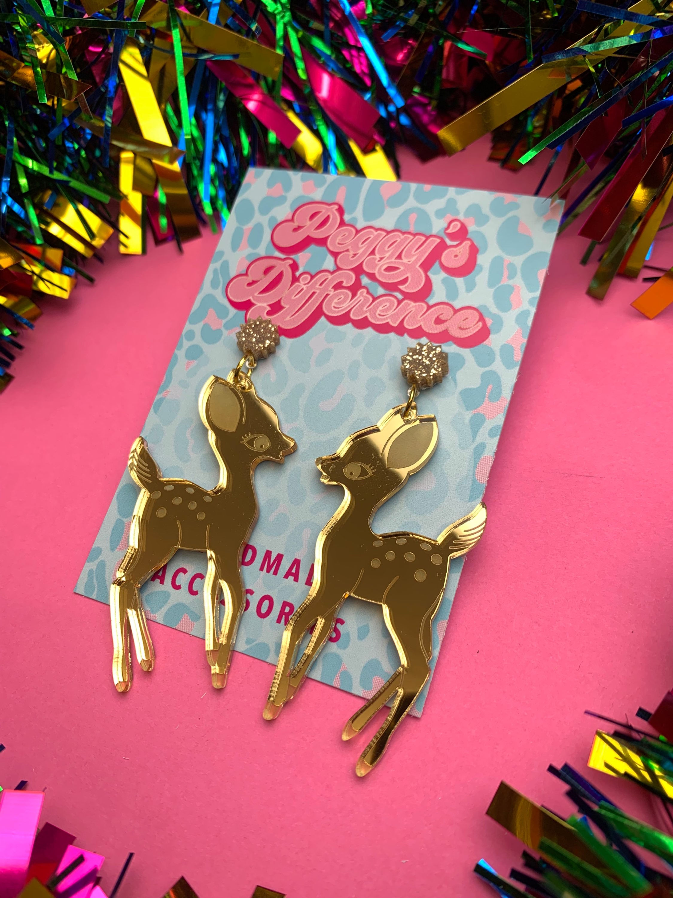 Retro Kitsch Christmas Deer Bambi Dangle Earrings - Gold Mirror