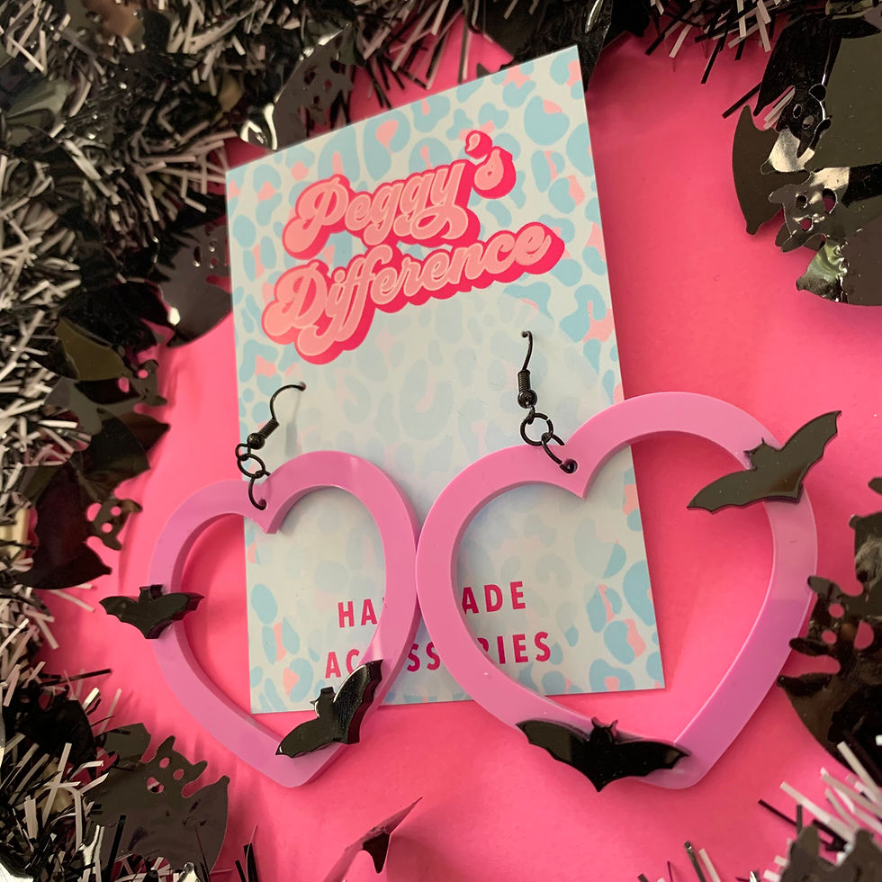 Thumbnail: Pink Love Hearts with Mini Bats XL Earrings