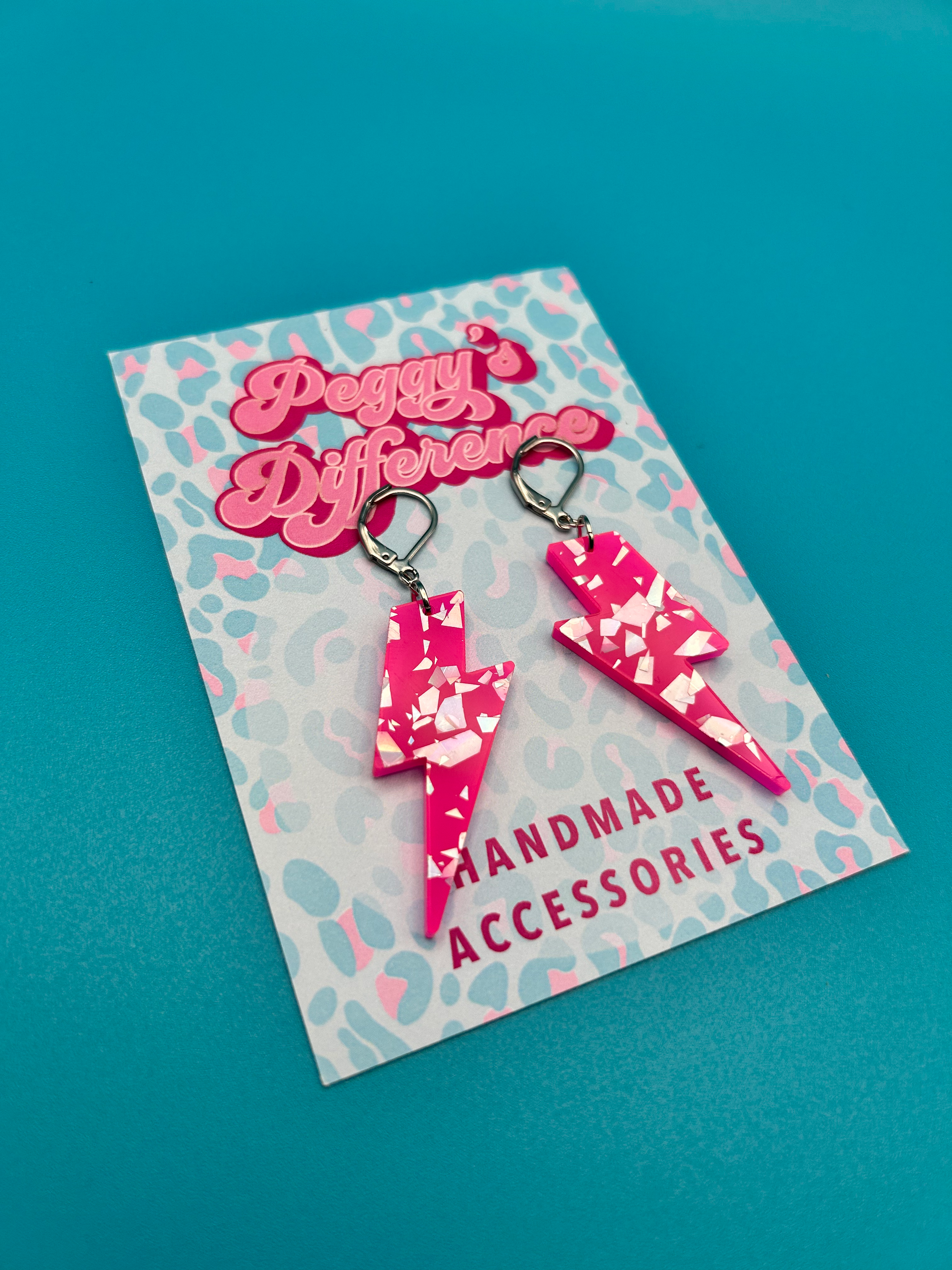 Pink Medium Lightning Bolts - Bright Pink and Holographic Flakes