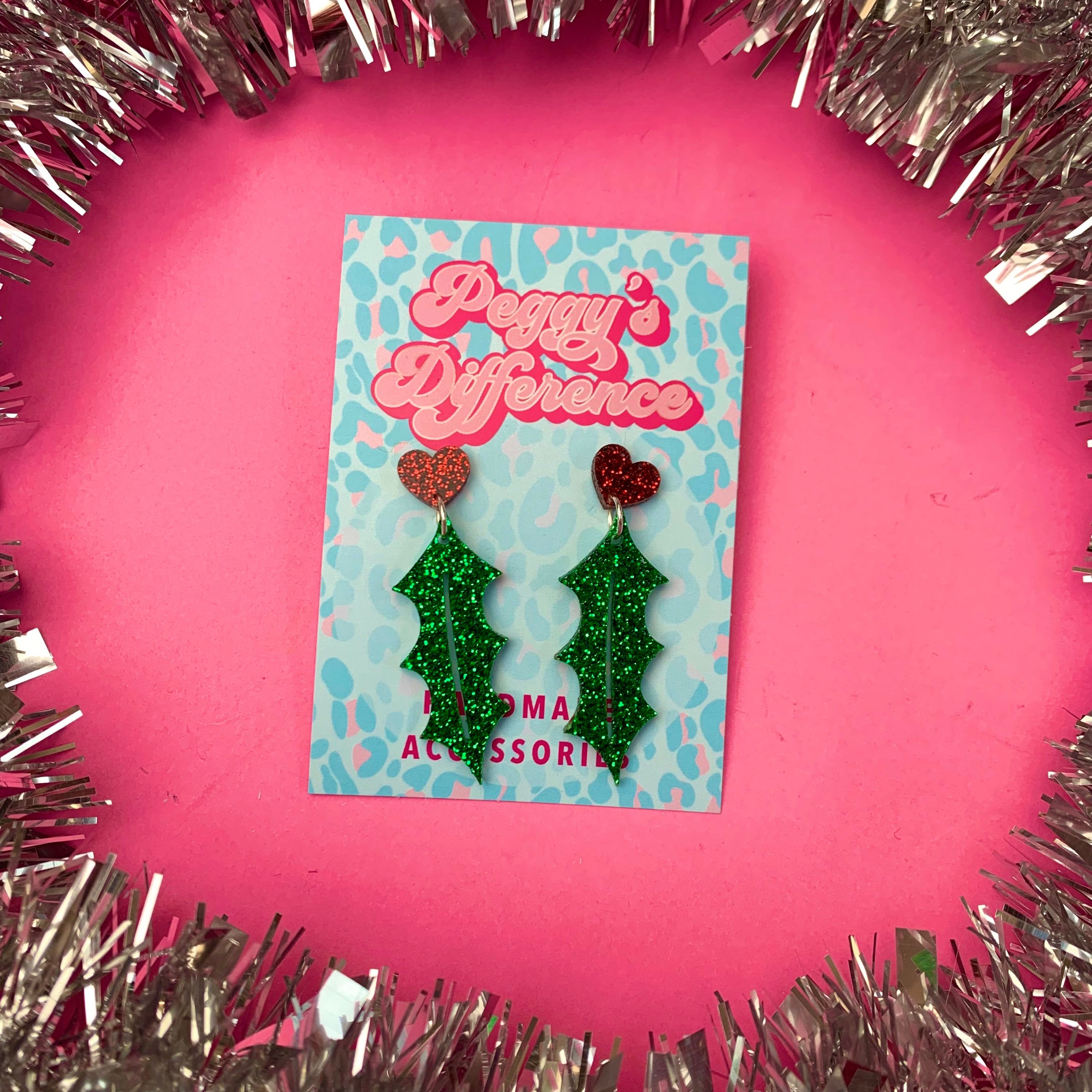 Christmas Glitter Holly Dangle Earrings