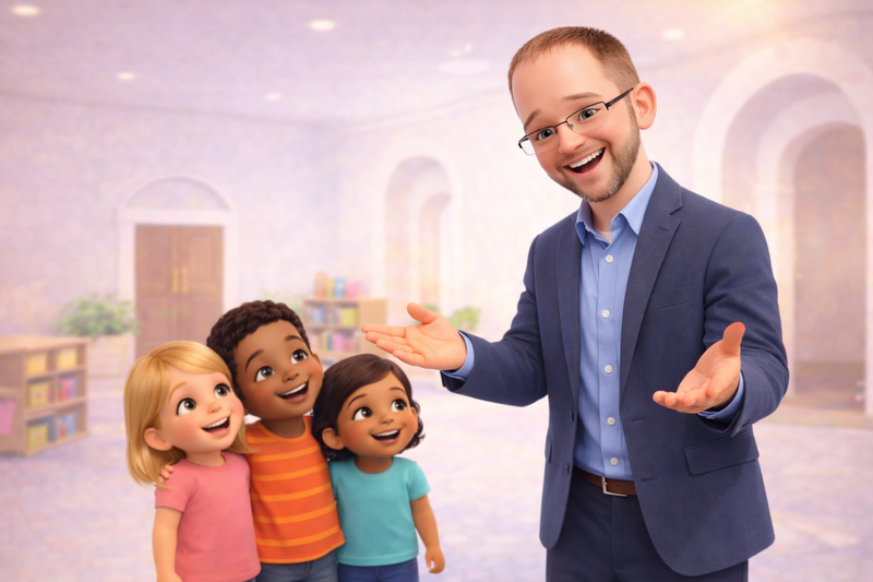 Friendly cartoon pastor welcoming children inside a church, representing a kids new member course that helps children feel loved, included, and part of God’s family.