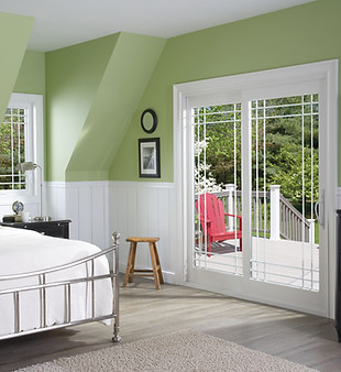 Milgard sliding patio door with interior blinds installed in a Layton Utah home