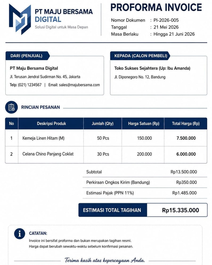 Proforma Invoice Adalah: Pengertian, Fungsi, dan Contohnya - Blog Tunaiku