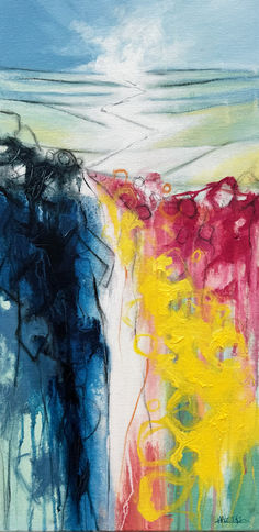The canvas is alive with motion and colour, a vibrant field of wildflowers caught in the midst of a joyful dance. The painting bursts with delicate pink and yellow wildflowers, their petals swirling as if stirred by the breeze. The loose, expressive brushstrokes give each bloom a sense of motion, like they're swaying in rhythm with one another.