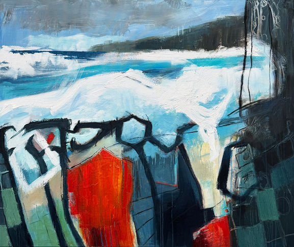 The dramatic pull of the tide as the powerful waves crash against the stone harbour walls. The deep slate grey clouds, heavy with the threat of rain. The sea is full of motion with expressive brushstrokes that suggest energy. The fishing nets hang unused, no fishing today!