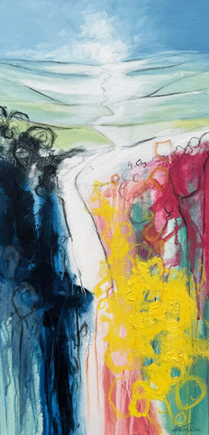The canvas is alive with motion and colour, a vibrant field of wildflowers caught in the midst of a joyful dance. The painting bursts with delicate pink and yellow wildflowers, their petals swirling as if stirred by the breeze. The loose, expressive brushstrokes give each bloom a sense of motion, like they're swaying in rhythm with one another.