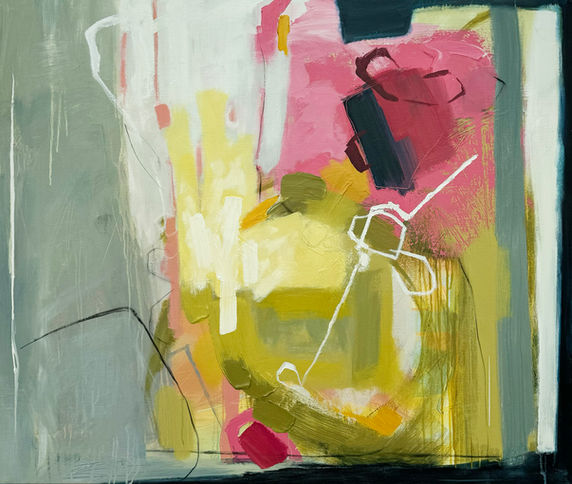 Beautiful pinks, yellows and olive greens contained in a neutral grey. There is an early summer outside fresh feel.