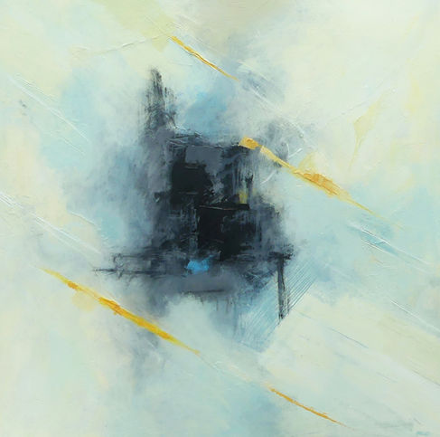 Canvas size 76 x 76cm
Framed size 80 x 80
These two paintings were inspired by creating a series of small works on paper. I wanted to work in a quieter way. The colours are muted creams, greys and blues with a strong contrast of dark greys to turn your thoughts inwards.