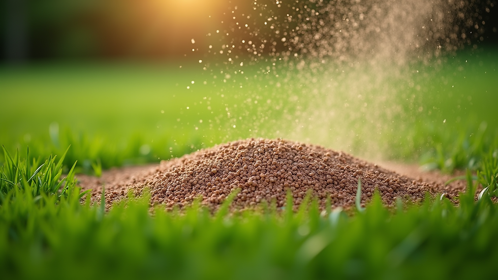 Close-up view of fertilizer granules being spread on a green lawn