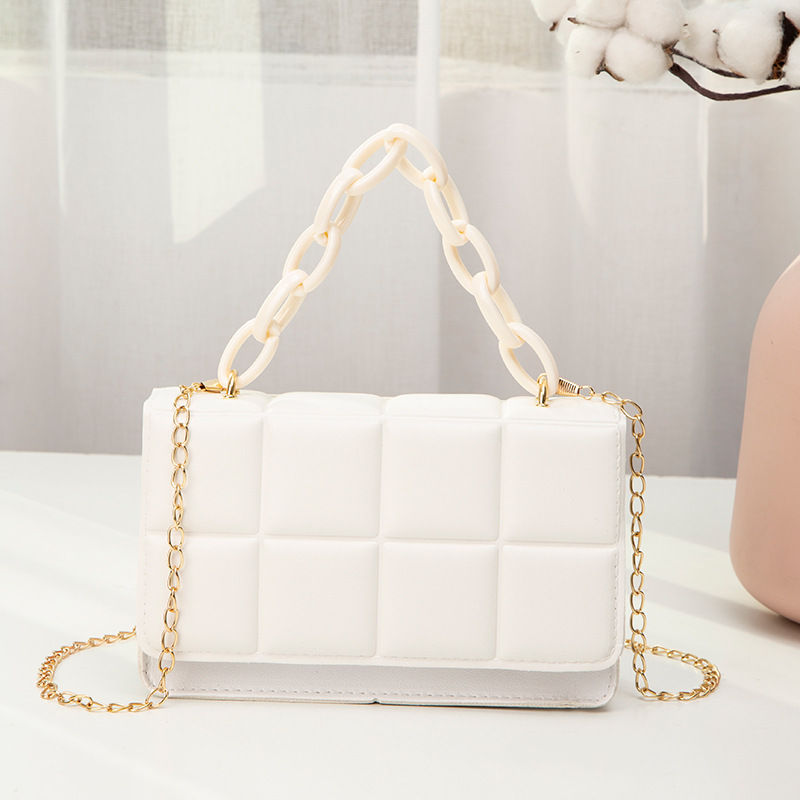 Miniatura: Plaid Embossed Small Square Bag Solid Color Tassel Big Chain Mobile Phone Bag