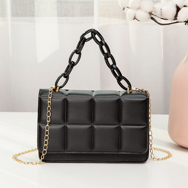 Miniatura: Plaid Embossed Small Square Bag Solid Color Tassel Big Chain Mobile Phone Bag