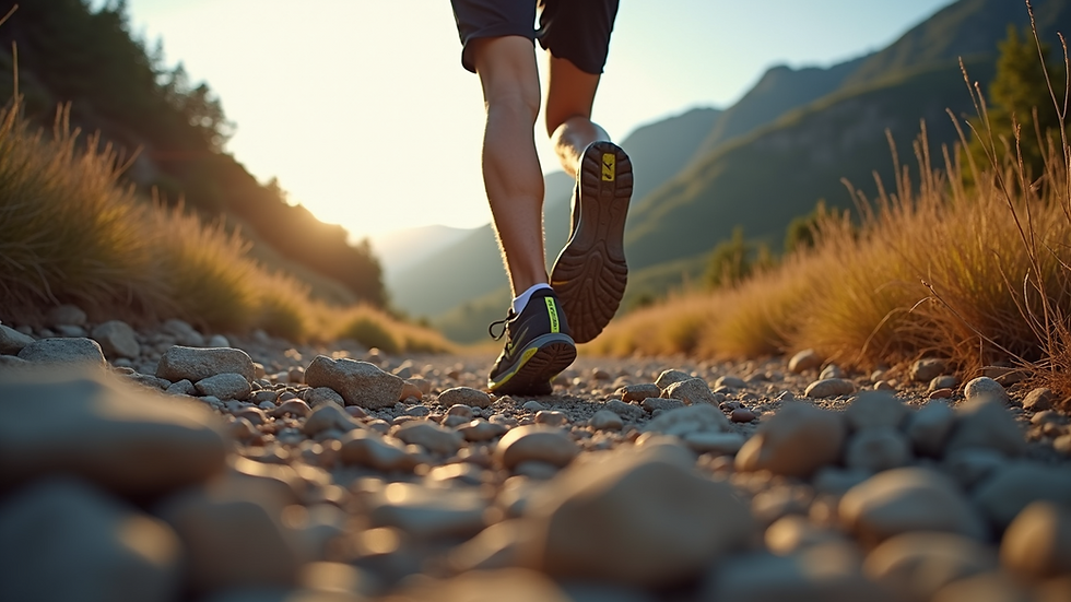 Eye-level view of trail running shoes on rocky terrain