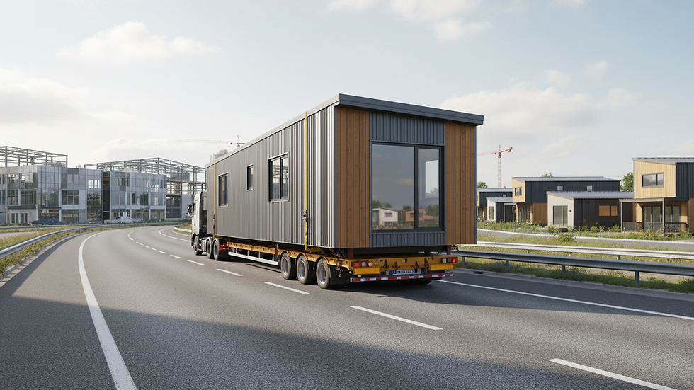 Eye-level view of a factory-built home module being transported on a flatbed truck