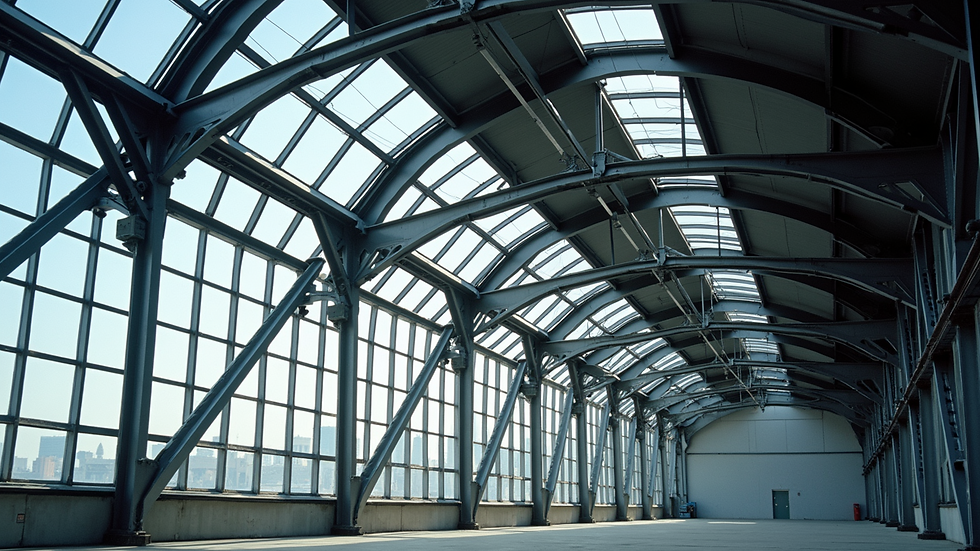 Close-up view of steel trusses supporting a curved roof