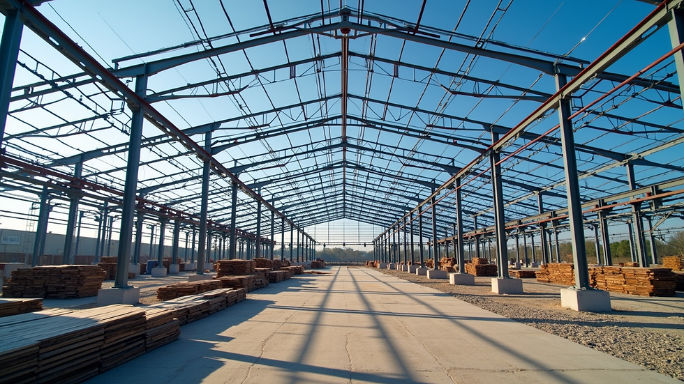 Wide angle view of steel frame structure under construction at an industrial site