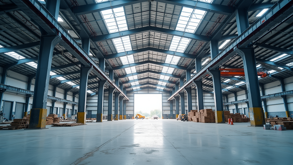 Eye-level view of a large steel warehouse structure under construction
