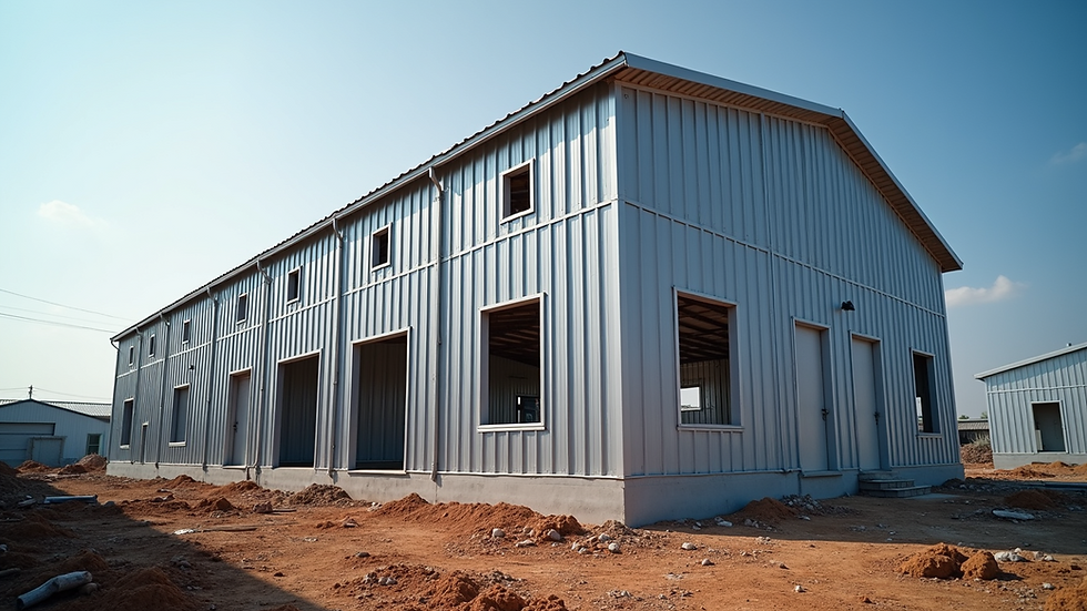 Eye-level view of a steel building kit partially assembled on a construction site
