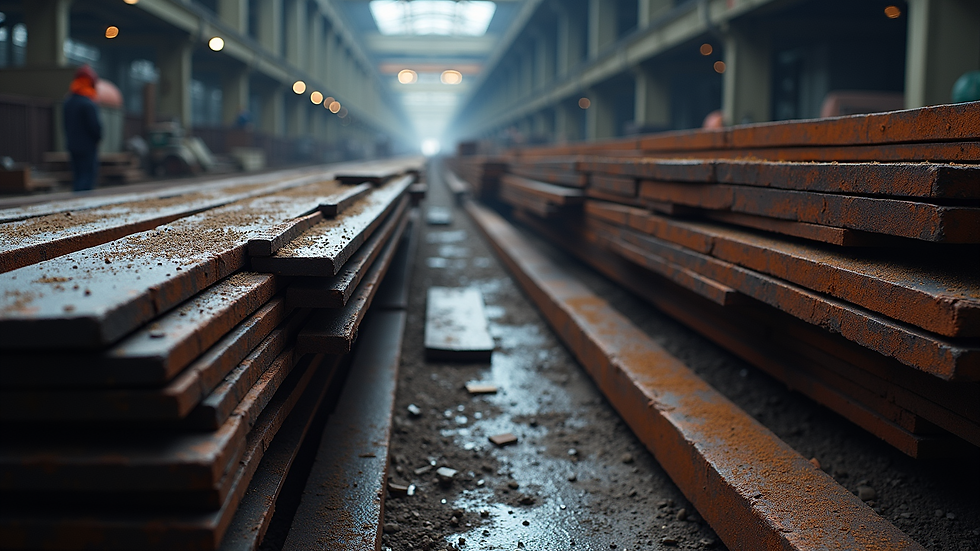 High angle view of a steel recycling facility with stacked steel beams