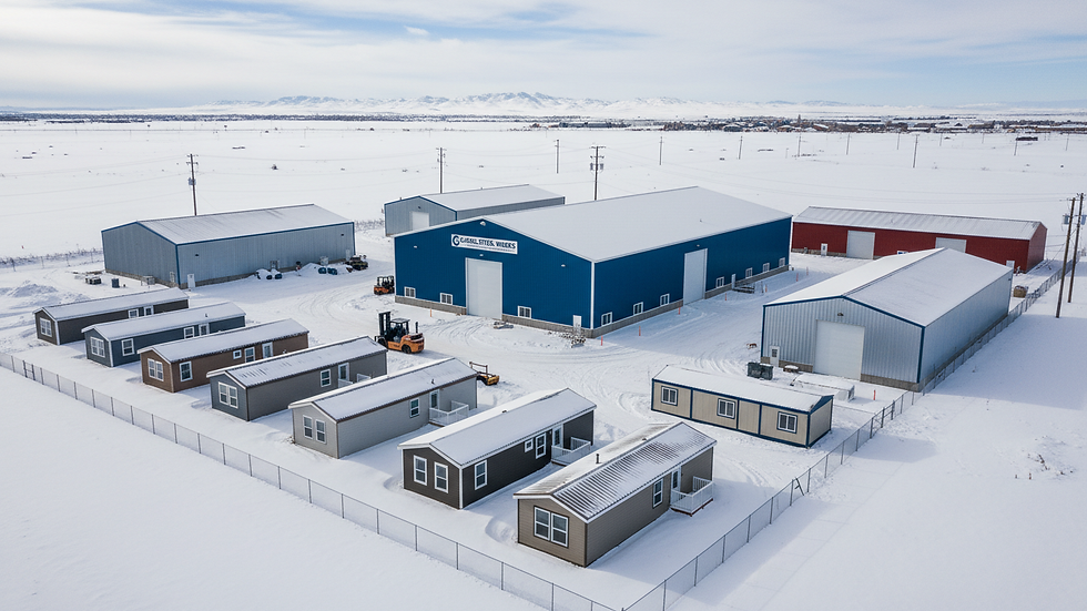 High angle view of a completed steel workshop with snow on the ground