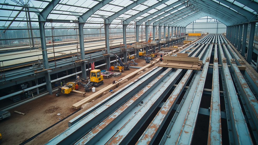 High angle view of steel beams being assembled on a commercial building site