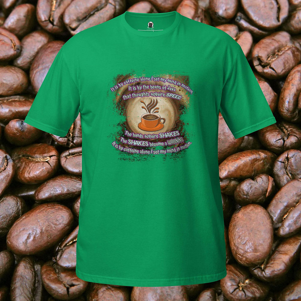 Thumbnail: Funny caffeine quote t-shirt design with a steaming coffee cup and text parodying a sci‑fi litany: “It is by caffeine alone