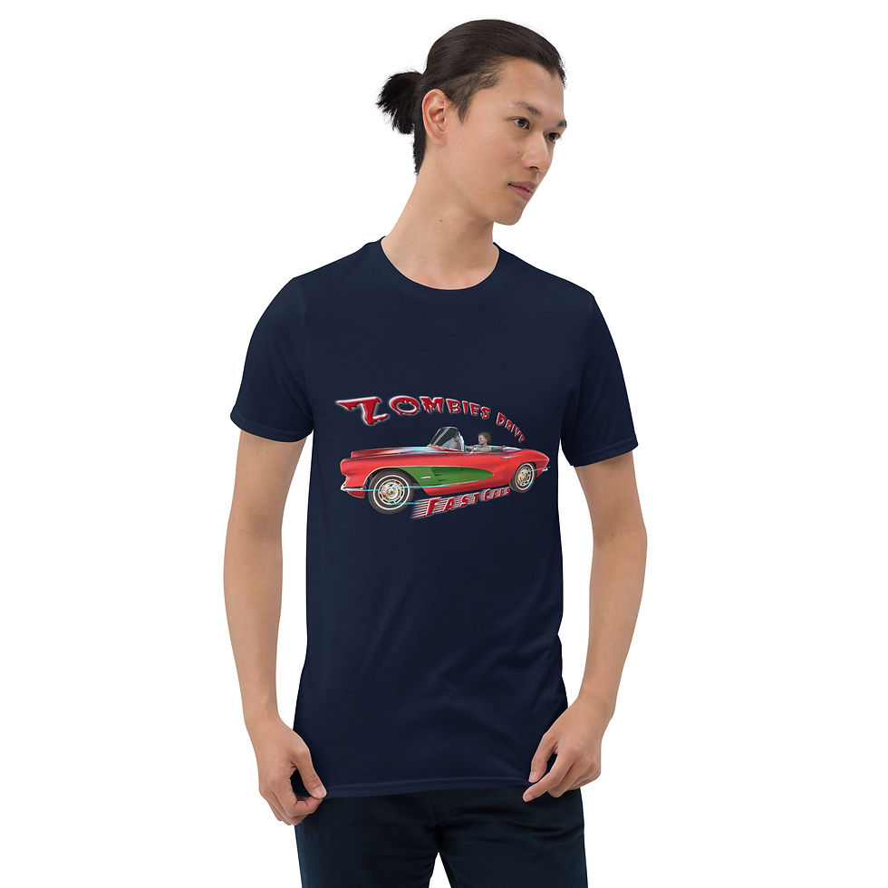 Thumbnail: t-shirt with a zombie driving a red vintage sports car with the text “Zombies Drive Fast Cars” in bold retro horror lettering
