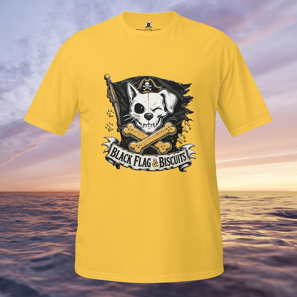Thumbnail: Black Flag & Biscuits Pirate Skull Cat Dog Hybrid Tee — Tattoo Art Graphic Shirt, Funny Skull & Crossbones Pet Shirt