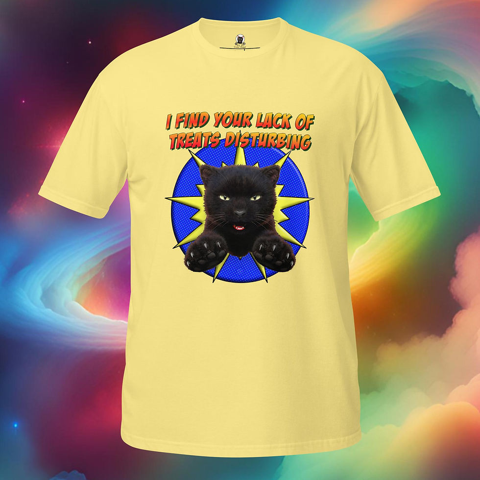 Thumbnail: a black cat bursting through a comic-style starburst with the text “I Find Your Lack of Treats Disturbing” in bold, Lettering