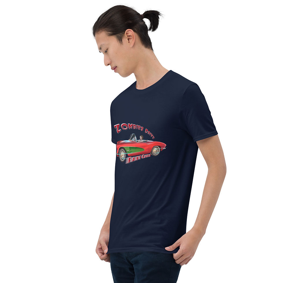 Thumbnail: t-shirt with a zombie driving a red vintage sports car with the text “Zombies Drive Fast Cars” in bold retro horror lettering