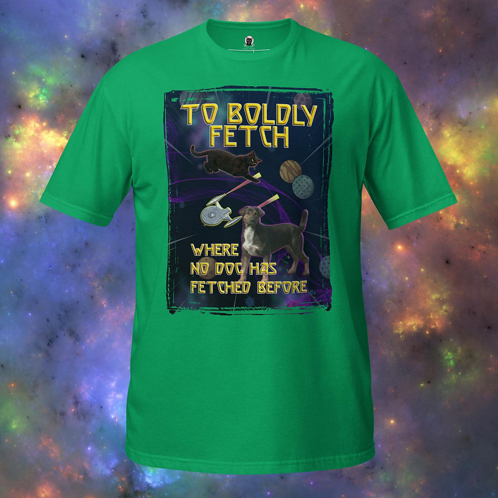 Thumbnail: Sci-fi themed t-shirt design featuring a dog and a cat in space with the text To Boldly Fetch Where No Dog Has Fetched Before