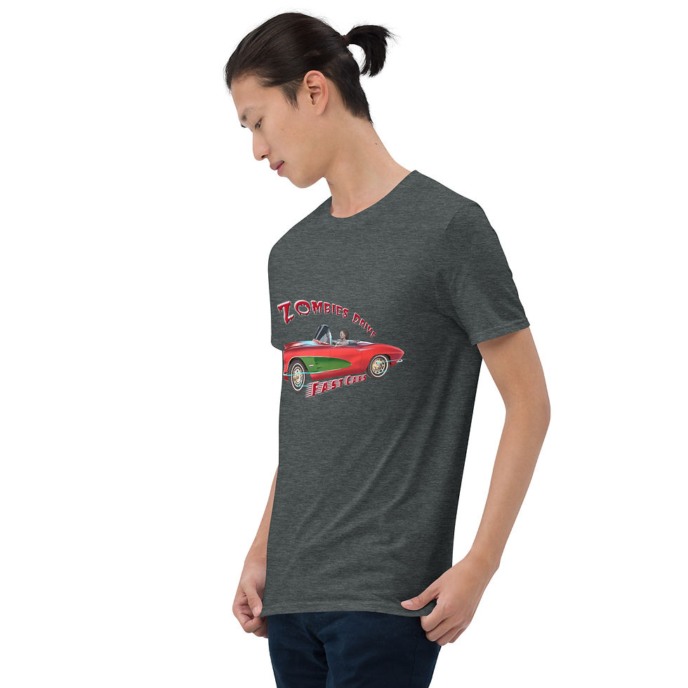 Thumbnail: t-shirt with a zombie driving a red vintage sports car with the text “Zombies Drive Fast Cars” in bold retro horror lettering