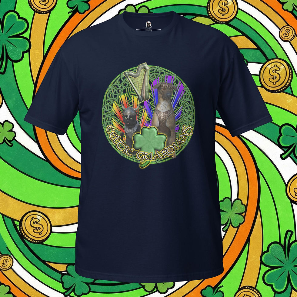Thumbnail: Celtic Guardians tee with Viking cat, armored dog, green shamrock, Irish harp and glowing knotwork circle.