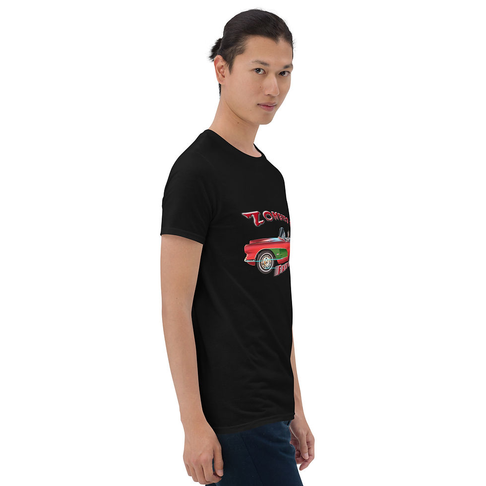 Thumbnail: t-shirt with a zombie driving a red vintage sports car with the text “Zombies Drive Fast Cars” in bold retro horror lettering