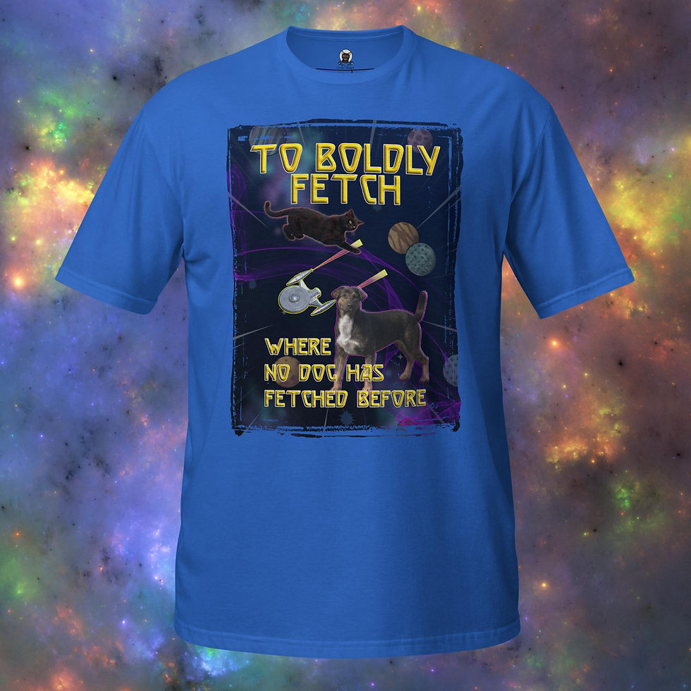 Thumbnail: Sci-fi themed t-shirt design featuring a dog and a cat in space with the text To Boldly Fetch Where No Dog Has Fetched Before