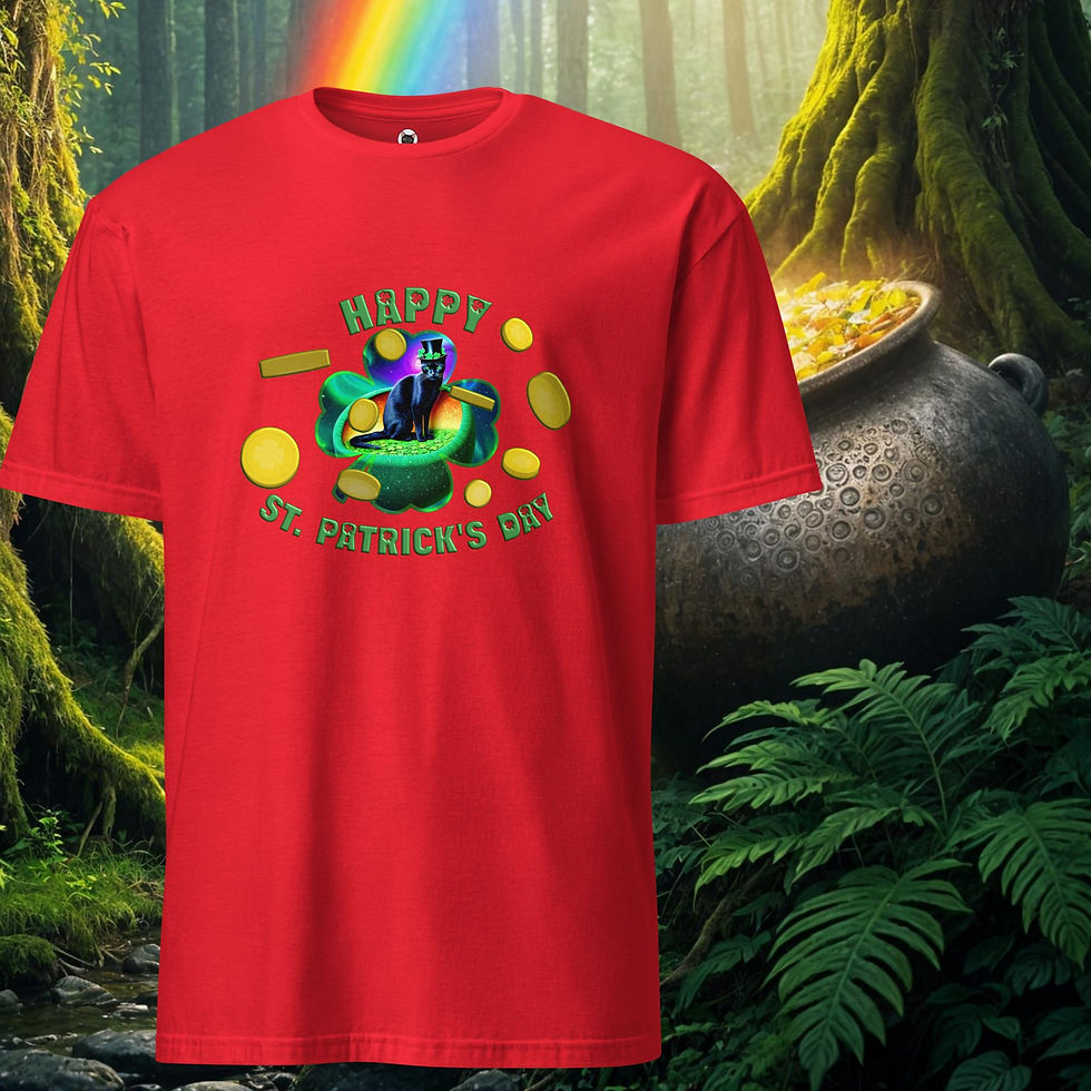Thumbnail: Happy St. Patrick’s Day t-shirt design with a black cat sitting in a pot of gold inside a shamrock, surrounded by gold coins