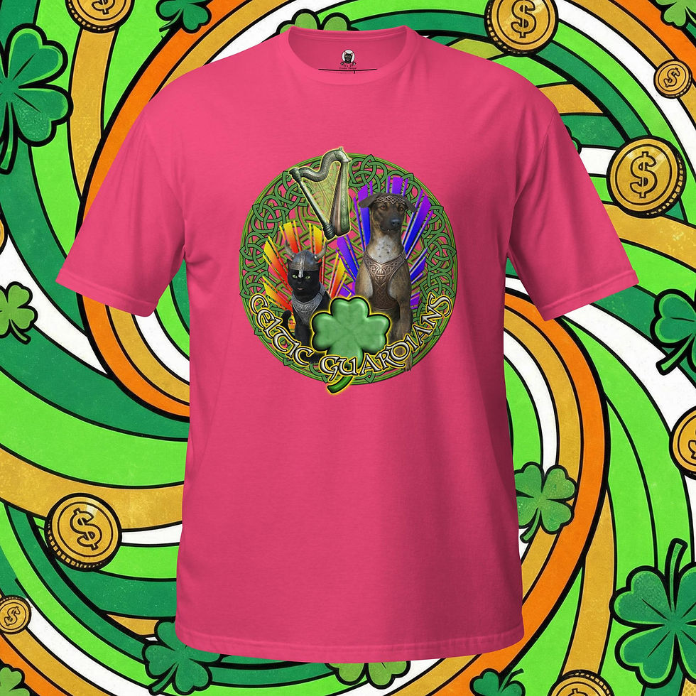 Thumbnail: Celtic Guardians tee with Viking cat, armored dog, green shamrock, Irish harp and glowing knotwork circle.