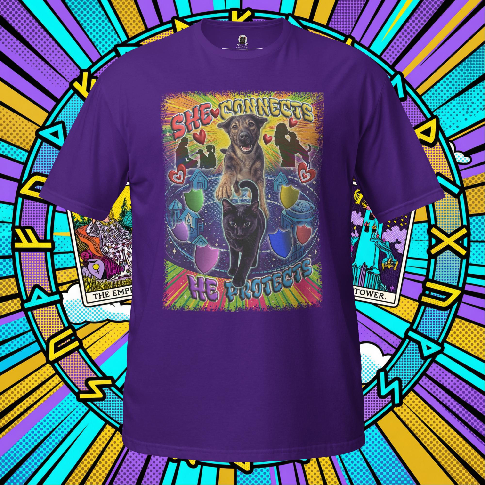 She Connects He Protects Shirt | Funny Cat & Dog Duo Unisex T-Shirt