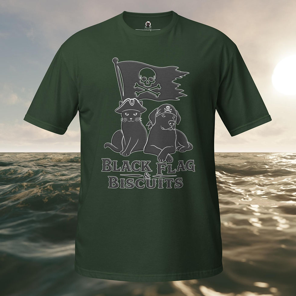 Thumbnail: Black Flag & Biscuits Pirate Cat & Dog Unisex Graphic T-Shirt — Funny Pirate Pet Shirt