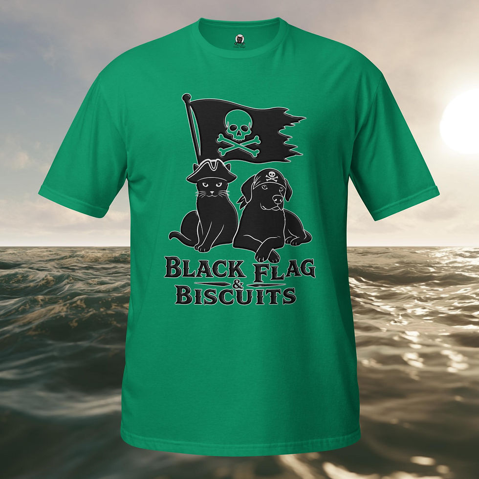 Thumbnail: Black Flag & Biscuits Pirate Cat & Dog Unisex Graphic T-Shirt — Funny Pirate Pet Shirt