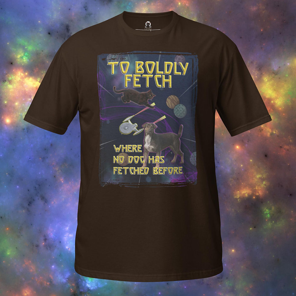 Thumbnail: Sci-fi themed t-shirt design featuring a dog and a cat in space with the text To Boldly Fetch Where No Dog Has Fetched Before